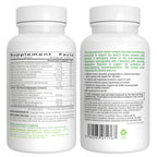 Two white supplement bottles shown side by side, front and back, with printed supplement facts, directions, and a barcode on a plain white background.