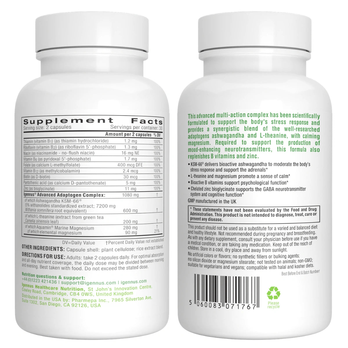 Two white supplement bottles shown side by side, front and back, with printed supplement facts, directions, and a barcode on a plain white background.