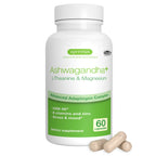Supplement bottle labeled 'Ashwagandha' with capsules on a white background