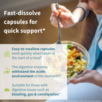 A person holding a clear bowl of pasta with a fork, with large text explaining that fast-dissolve capsules work quickly for quick support. The image includes promotional copy about easy-to-swallow capsules, digestive enzymes, and suitability for digestive issues.