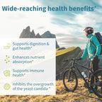 Person on a bicycle with mountainous landscape and text about health benefits.