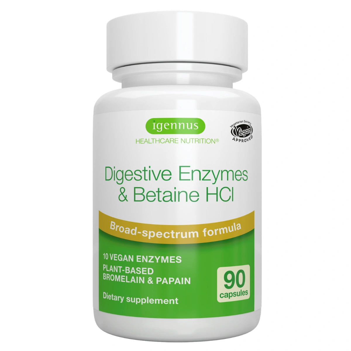 A white plastic bottle of Igennus Digestive Enzymes & Betaine HCl dietary supplement, containing 90 capsules, shown on a solid white background.