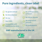 A promotional graphic with the headline 'Pure ingredients, clean label' over a soft blurred green background. Below, bullet points list product claims such as no gluten/wheat, no dairy/lactose, no soy, non-GMO, compatible with halal & kosher diets, no artificial colors or flavors, no silicon dioxide, no magnesium stearate, and no maltodextrin.