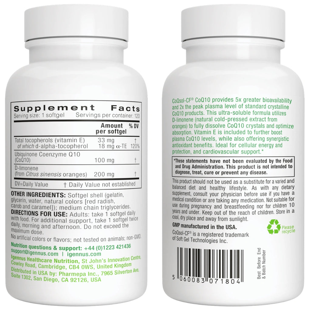 Two white bottles of CoQ10 dietary supplements shown from the back, displaying the Supplement Facts label in black and green text on a white background.