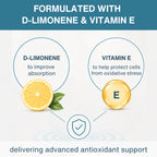 Promotional graphic for a supplement, featuring the text 'FORMULATED WITH D-LIMONENE & VITAMIN E' at the top. The design shows a sliced lemon with green leaves labeled 'D-LIMONENE to improve absorption' and a gold coin with the letter 'E' labeled 'VITAMIN E to help protect cells from oxidative stress'.