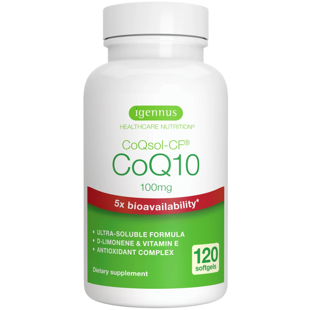 A white bottle of Igennus CoQsol-CP CoQ10 100mg dietary supplement, containing 120 softgels, shown against a plain white background.
