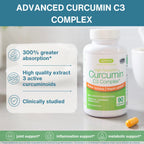 Curcumin C3 Complex supplement bottle with a white label and orange accents, shown alongside marketing text claiming 300% greater absorption and clinical study. A yellow-orange capsule lies on the surface beside the bottle.