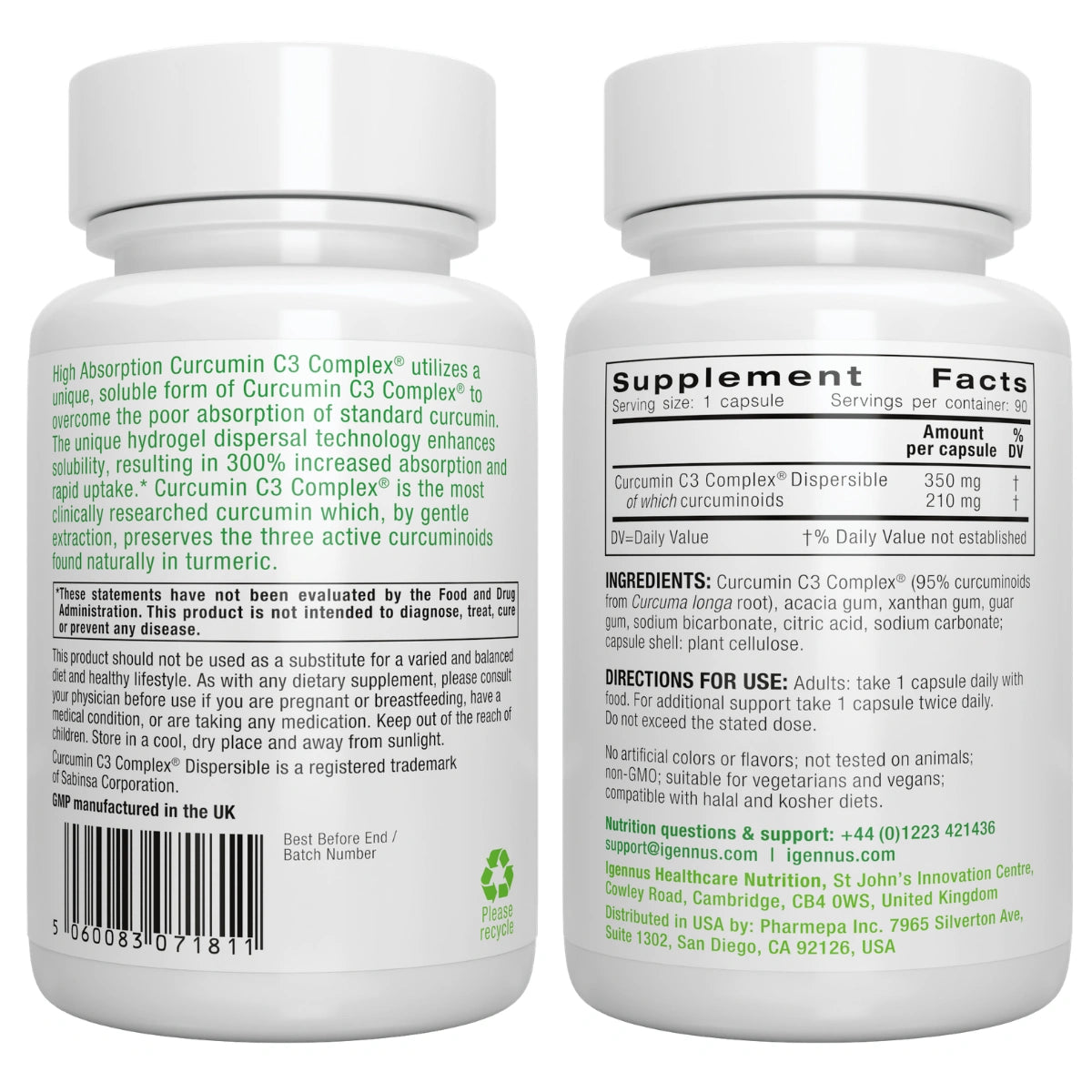 Two white bottles of Curcumin C3 Complex dietary supplement shown side by side, displaying the back and front supplement facts labels respectively on a clean white background.