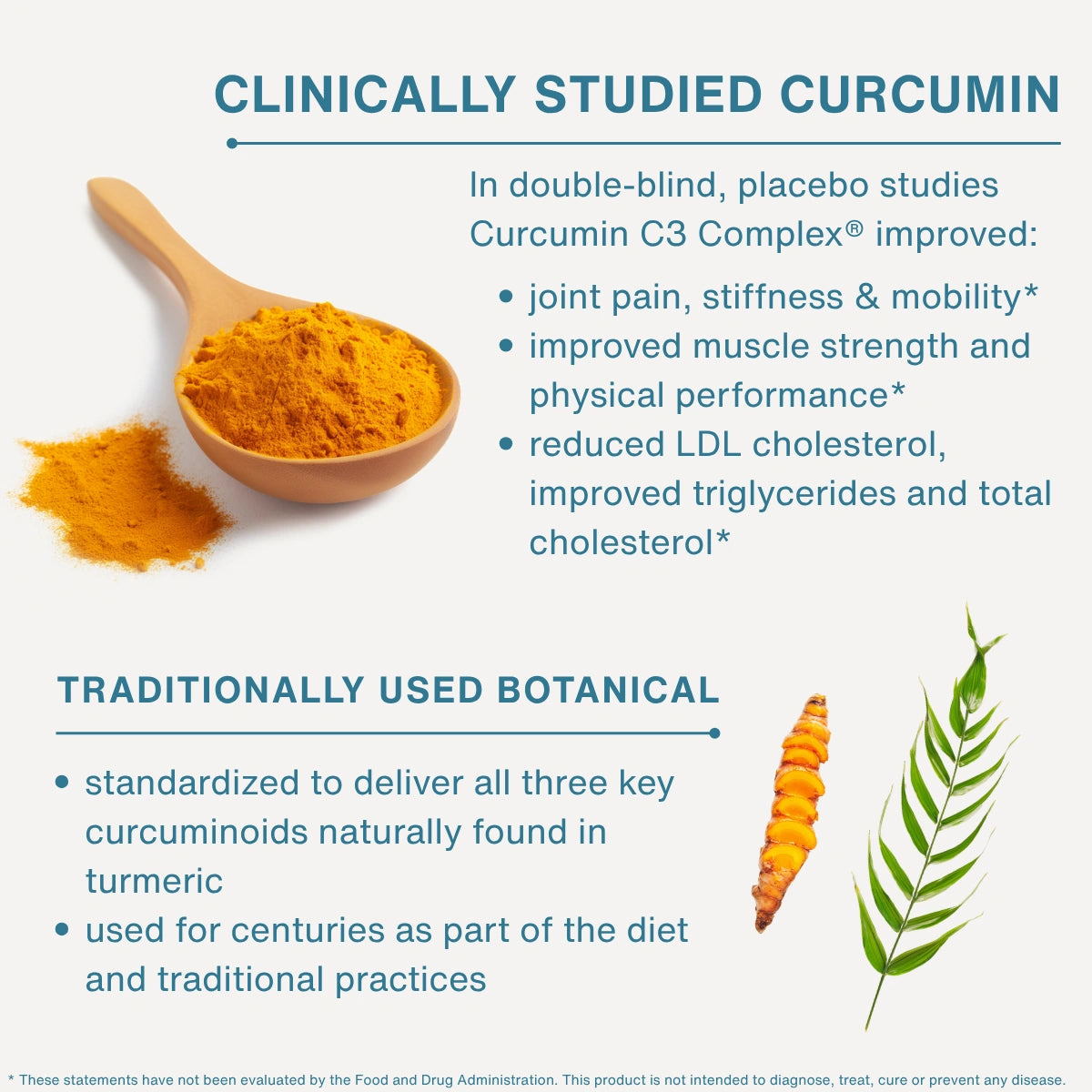 An informational infographic about curcumin, featuring a wooden spoon filled with bright yellow-orange turmeric powder, a whole turmeric root, and a green leaf illustration. The text states that curcumin is clinically studied and traditionally used botanical, listing benefits such as joint pain, stiffness, and mobility improvement.