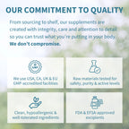 A promotional graphic with the headline 'OUR COMMITMENT TO QUALITY' in blue text over a soft blurred green and white background. Below, four light panels with blue icons and text describe supplement quality claims: GMP accreditation, raw material testing, clean hypoallergenic ingredients, and FDA/EFSA approval.