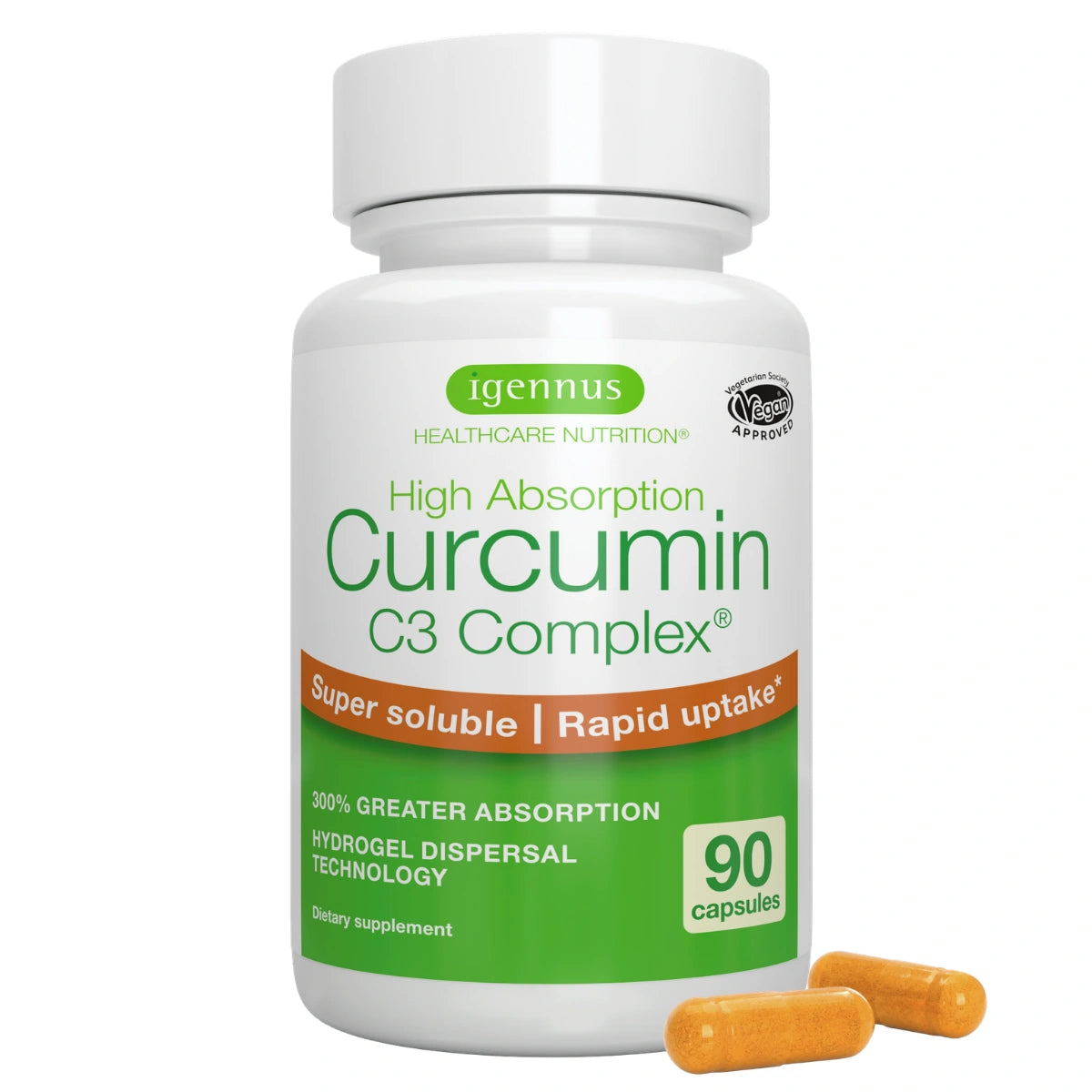 A white bottle of Igennus Healthcare Nutrition Curcumin C3 Complex dietary supplement with two orange capsules in front, on a white background.