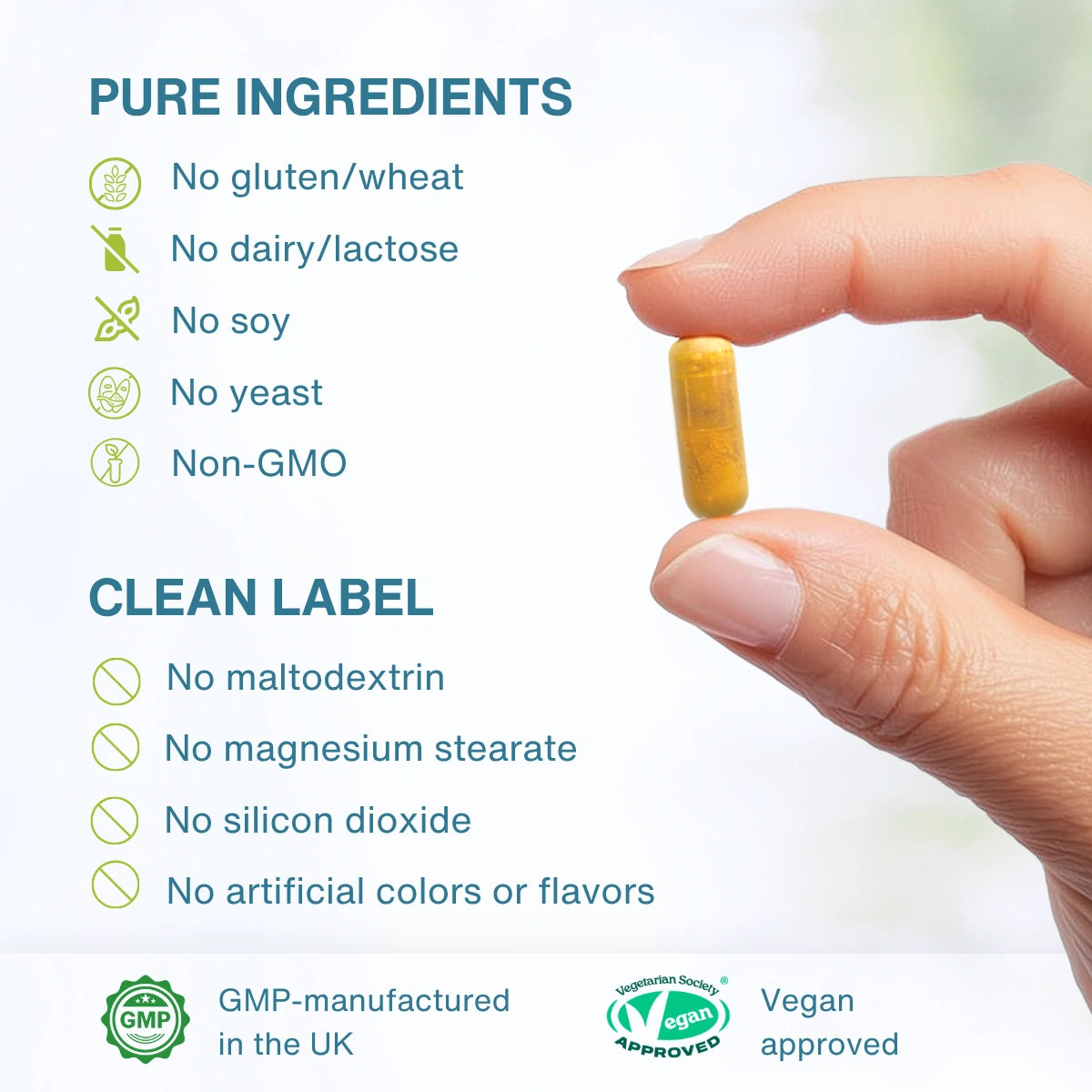 A hand holds a single yellow-orange capsule pill against a clean white background with text highlighting pure ingredients and clean label claims, plus GMP and vegan badges at the bottom.