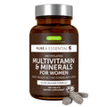 Supplement bottle labeled 'Pure & Essential' with multivitamin and minerals for women on a white background.