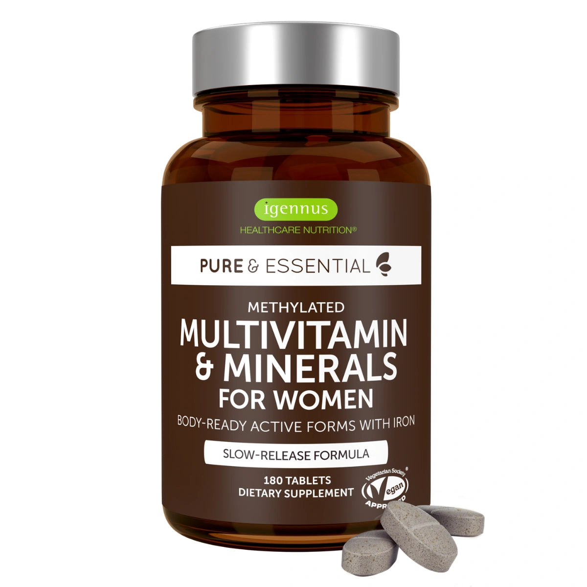 Supplement bottle labeled 'Pure & Essential' with multivitamin and minerals for women on a white background.