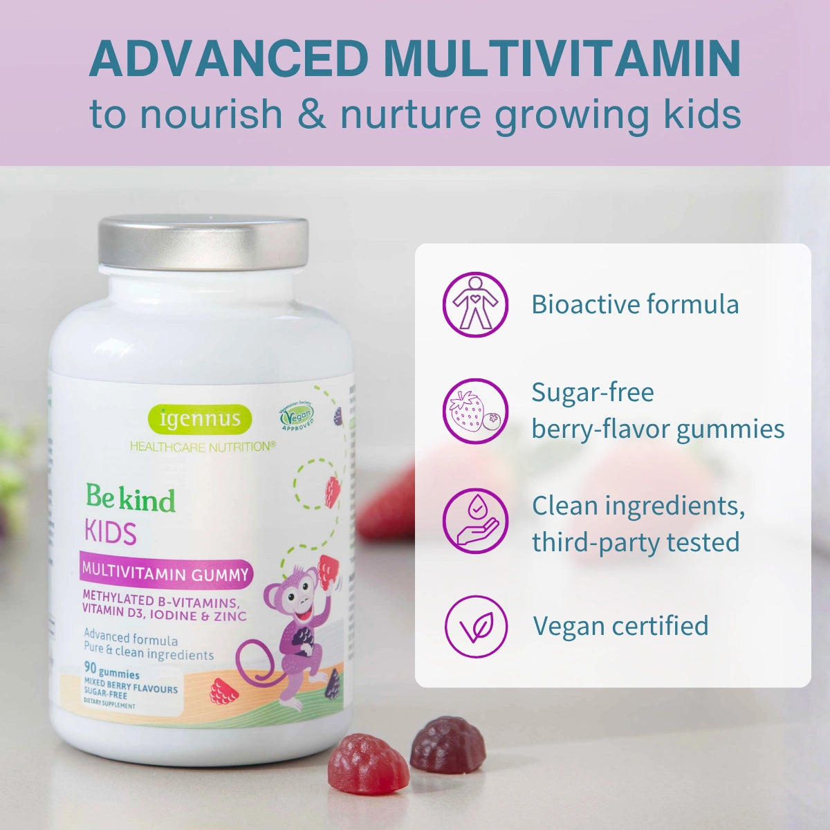 A bottle of Igennus Bekind Kids Multivitamin Gummy tablets next to two gummies, with a promotional text panel highlighting key product features like bioactive formula, sugar-free berry flavor, clean ingredients, and vegan certification.