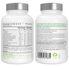 Two white bottles of a dietary supplement shown side-by-side, displaying the front label with a gray cap and the back label with Supplement Facts, ingredients, and usage instructions.