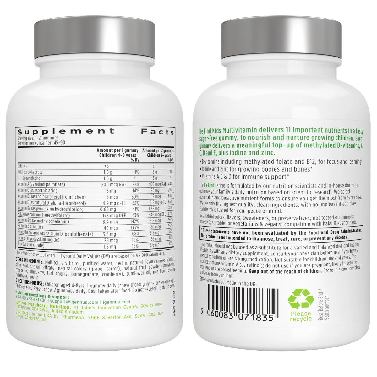 Two white bottles of a dietary supplement shown side-by-side, displaying the front label with a gray cap and the back label with Supplement Facts, ingredients, and usage instructions.