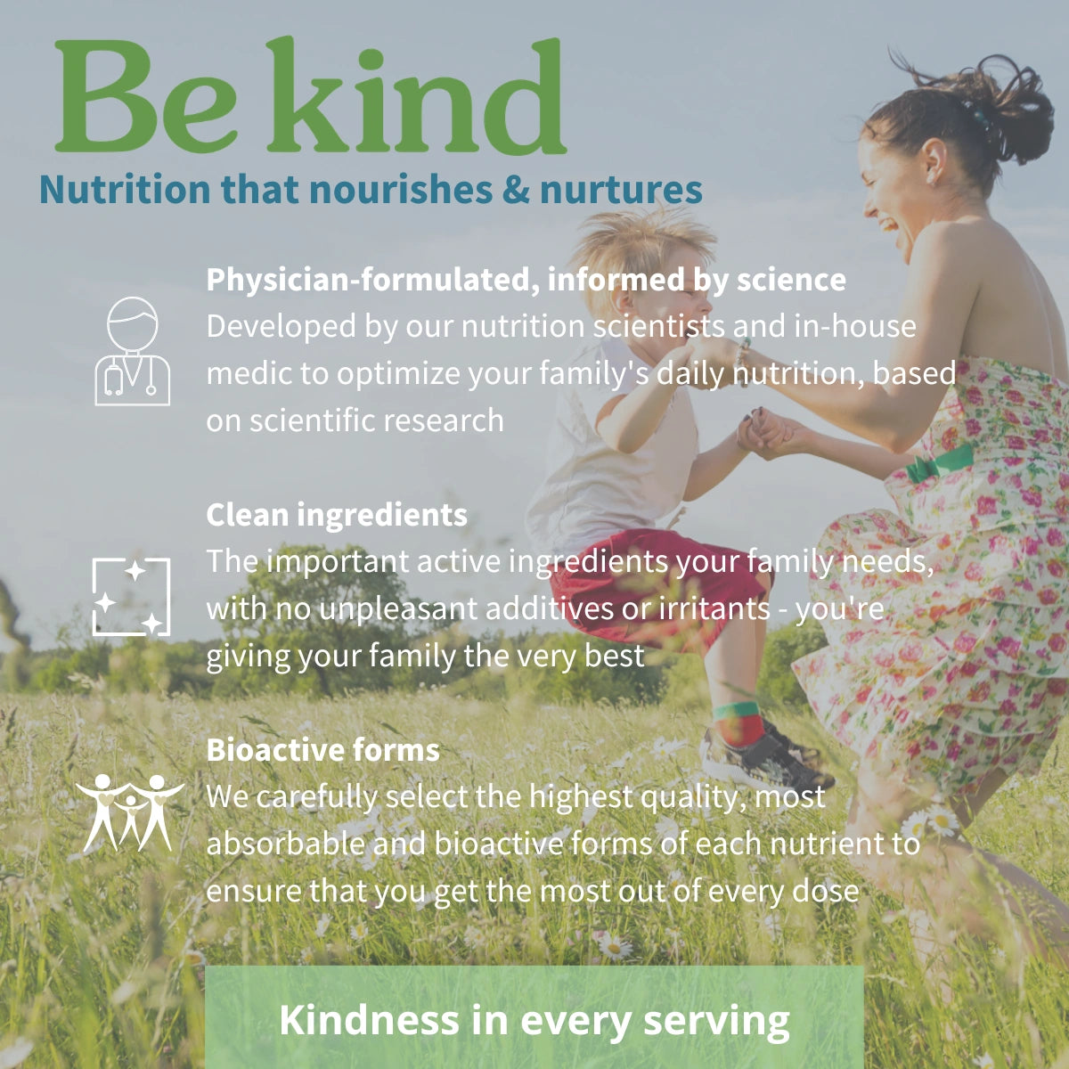 Advertisement for 'Be kind' nutrition products with a woman and child in a field.