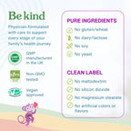 A branded product information graphic for a physician-formulated supplement. The design has a white and pale green background with text sections reading 'Be kind' and 'Pure Ingredients,' plus icons for GMP in the UK, non-GMO tested, vegan approved, and clean label claims.