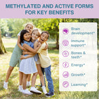 A promotional graphic with the headline 'METHYLATED AND ACTIVE FORMS FOR KEY BENEFITS' above a photo of four children hugging outdoors on a grassy lawn. A white panel on the right lists benefits with purple icons: Brain development, Immune support, Bones & teeth, Energy, Growth, and Learning.