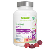A white bottle of Igennus Healthcare Nutrition 'Bekind Kids' Multivitamin Gummy, featuring a silver cap and a label with a purple cartoon monkey and colorful graphics, with several red and purple gummies displayed in front on a white background.