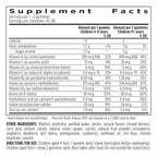 A supplement facts label for a gummy candy product, showing serving size 1-2 gummies, calories, nutrients like vitamin A, D, E, and zinc, and directions for children aged 4-8 and 9+ years.