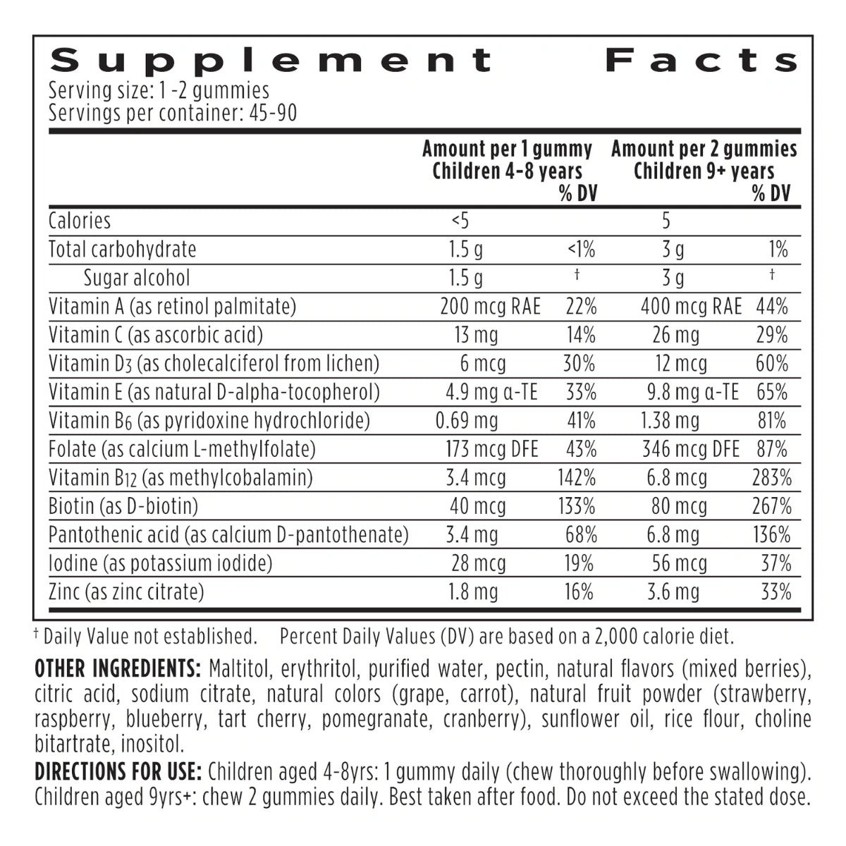 A supplement facts label for a gummy candy product, showing serving size 1-2 gummies, calories, nutrients like vitamin A, D, E, and zinc, and directions for children aged 4-8 and 9+ years.