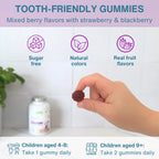 A hand holds a single dark berry-shaped tooth-friendly gummy in front of a white tiled wall. The image includes marketing text and icons for sugar-free, natural colors, and real fruit flavors, plus a blurred bottle and a small plant.