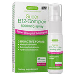Igennus Health Care Nutrition Super B12-Complex 5000mcg spray bottle and its retail box, featuring white and green packaging with pink accents.