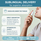 An infographic explaining the sublingual delivery method for a nasal spray product. The left side features text callouts with icons detailing benefits like dissolving under the tongue, direct absorption, and optimizing B12 levels.