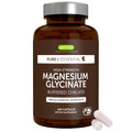 Brown supplement bottle labeled 'High Strength Magnesium Glycinate' with a white cap on a white background.