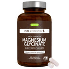 Brown supplement bottle labeled 'High Strength Magnesium Glycinate' with a white cap on a white background.