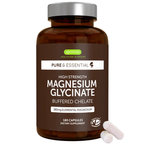 Brown supplement bottle labeled 'High Strength Magnesium Glycinate' with a white cap on a white background.