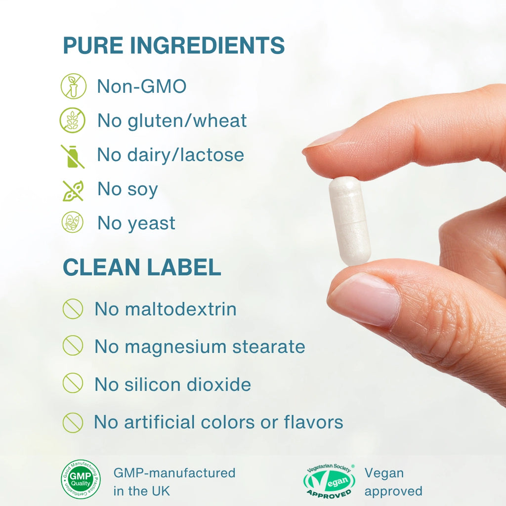 Hand holding a pill with purity and approval information on a white background