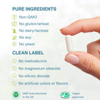 Hand holding a pill with purity and approval information on a white background