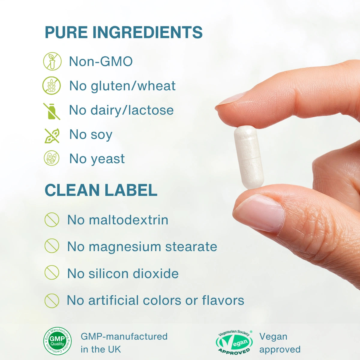 Hand holding a pill with purity and approval information on a white background