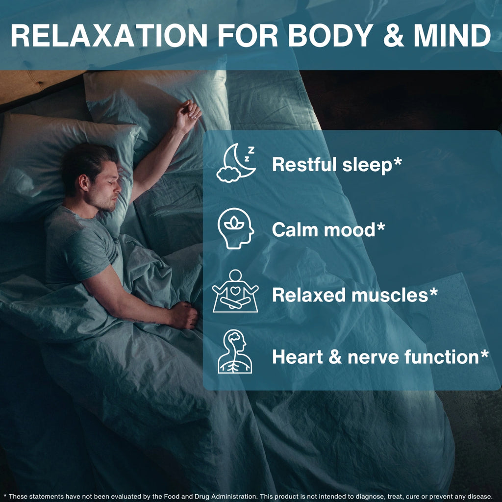 A man lying in bed under blue-gray bedding, with large text reading 'RELAXATION FOR BODY & MIND' and a translucent overlay listing benefits: restful sleep, calm mood, relaxed muscles, and heart & nerve function.