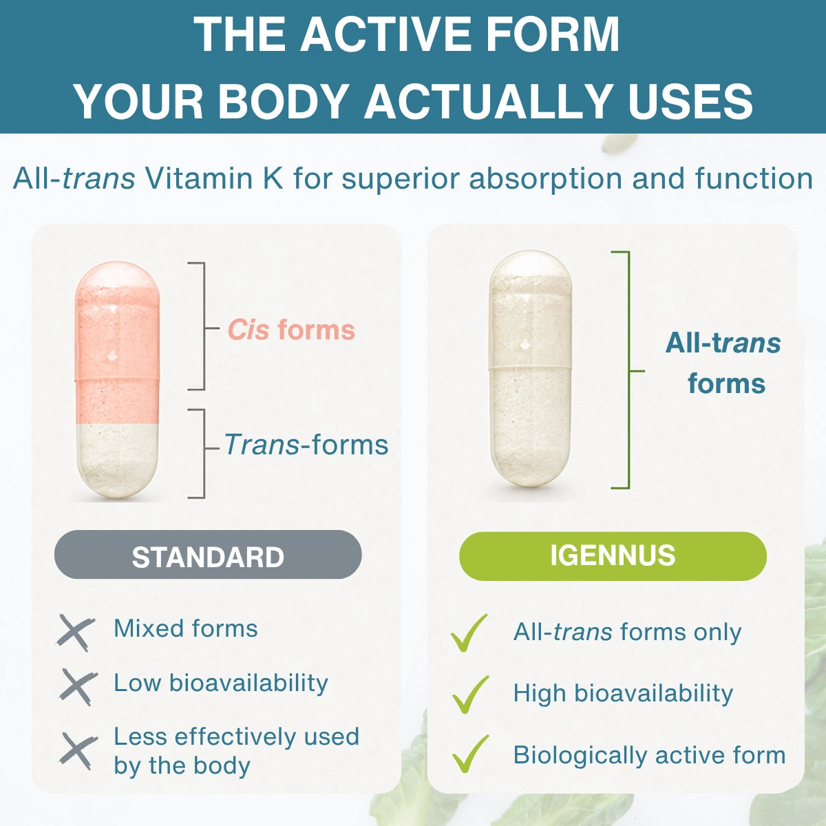 Comparison chart of Cis forms, Trans-forms, Standard, and IGENNUS forms of All-trans Vitamin K with text on absorption and function.
