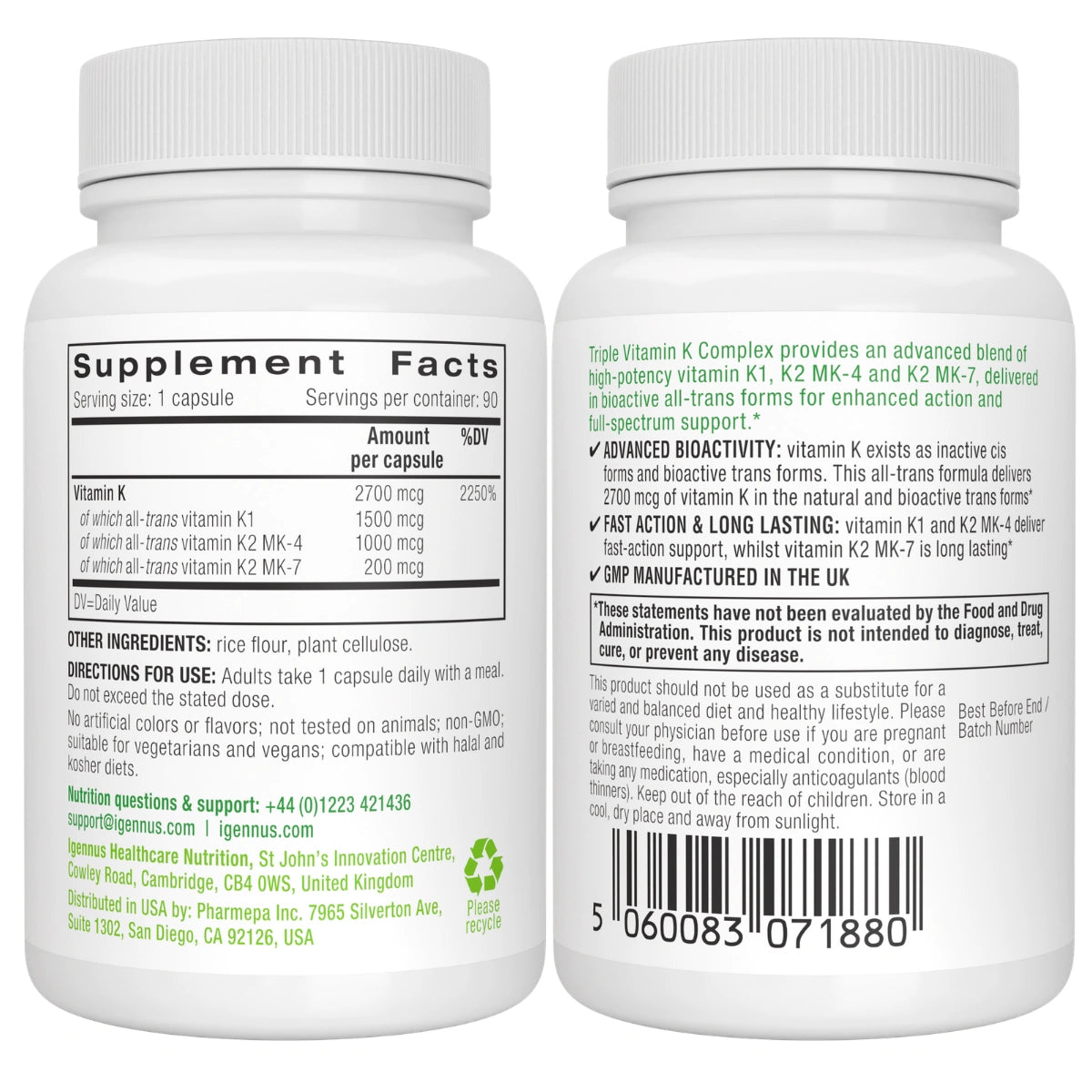 Two supplement bottles with label details on a white background
