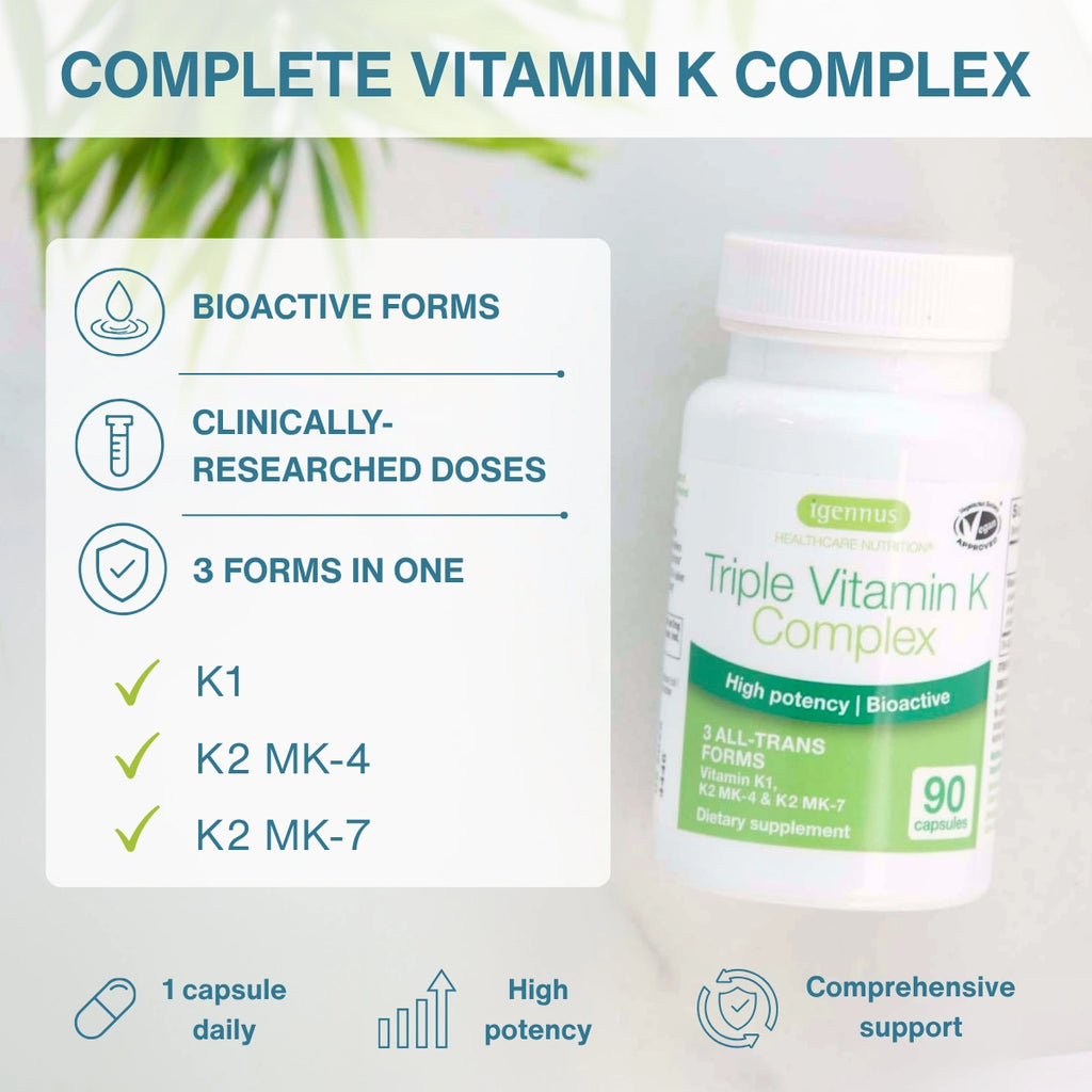 A bottle of Igenius Triple Vitamin K Complex dietary supplement shown on a light gray background with marketing callouts about bioactive forms, clinically researched doses, and three forms in one.