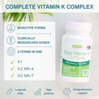 A bottle of Igenius Triple Vitamin K Complex dietary supplement shown on a light gray background with marketing callouts about bioactive forms, clinically researched doses, and three forms in one.