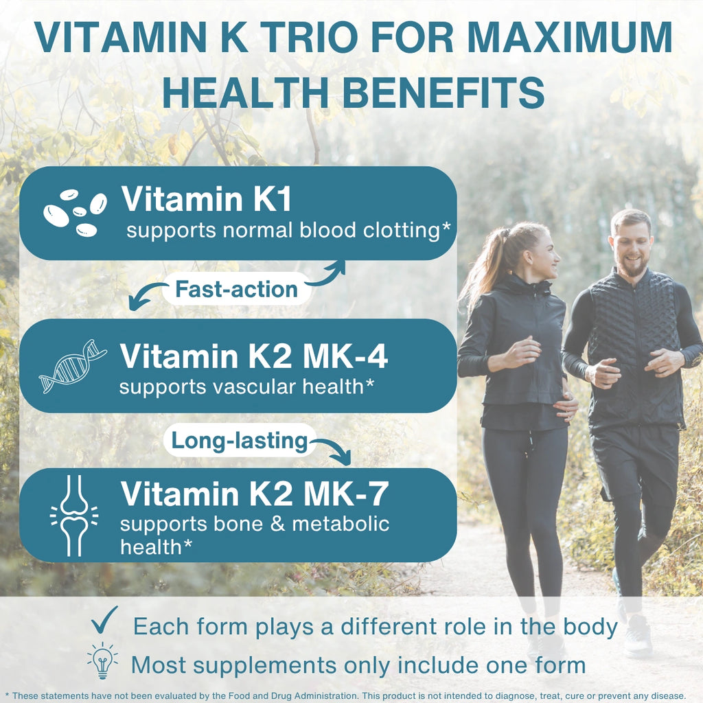 An informational graphic titled 'VITAMIN K TRIO FOR MAXIMUM HEALTH BENEFITS' with three blue callout boxes explaining Vitamin K1 and three forms of Vitamin K2 (MK-4, MK-7) and their health benefits. The background shows a blurred outdoor scene of a couple jogging, with text overlays stating that these statements have not been evaluated by the FDA and a disclaimer at the bottom.