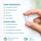 A hand holds a single white capsule pill against a clean white background with text listing pure ingredients and clean label claims, plus GMP and vegan approved badges at the bottom.
