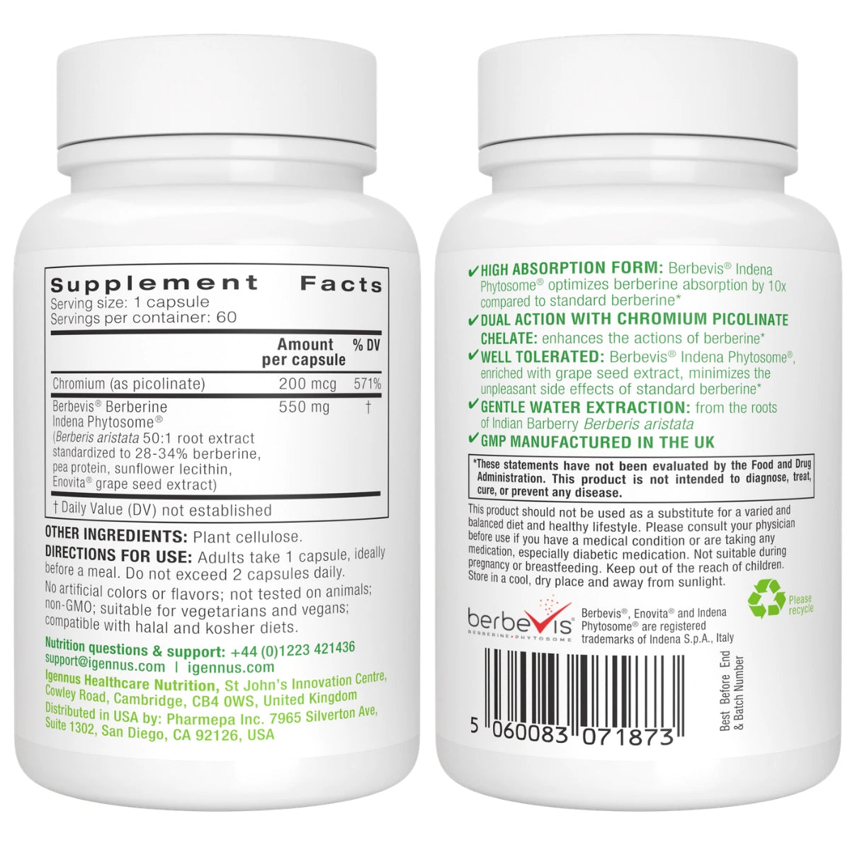Two white bottles of Berberis cream shown from the back, displaying the Supplement Facts labels with black and green text on a white background.
