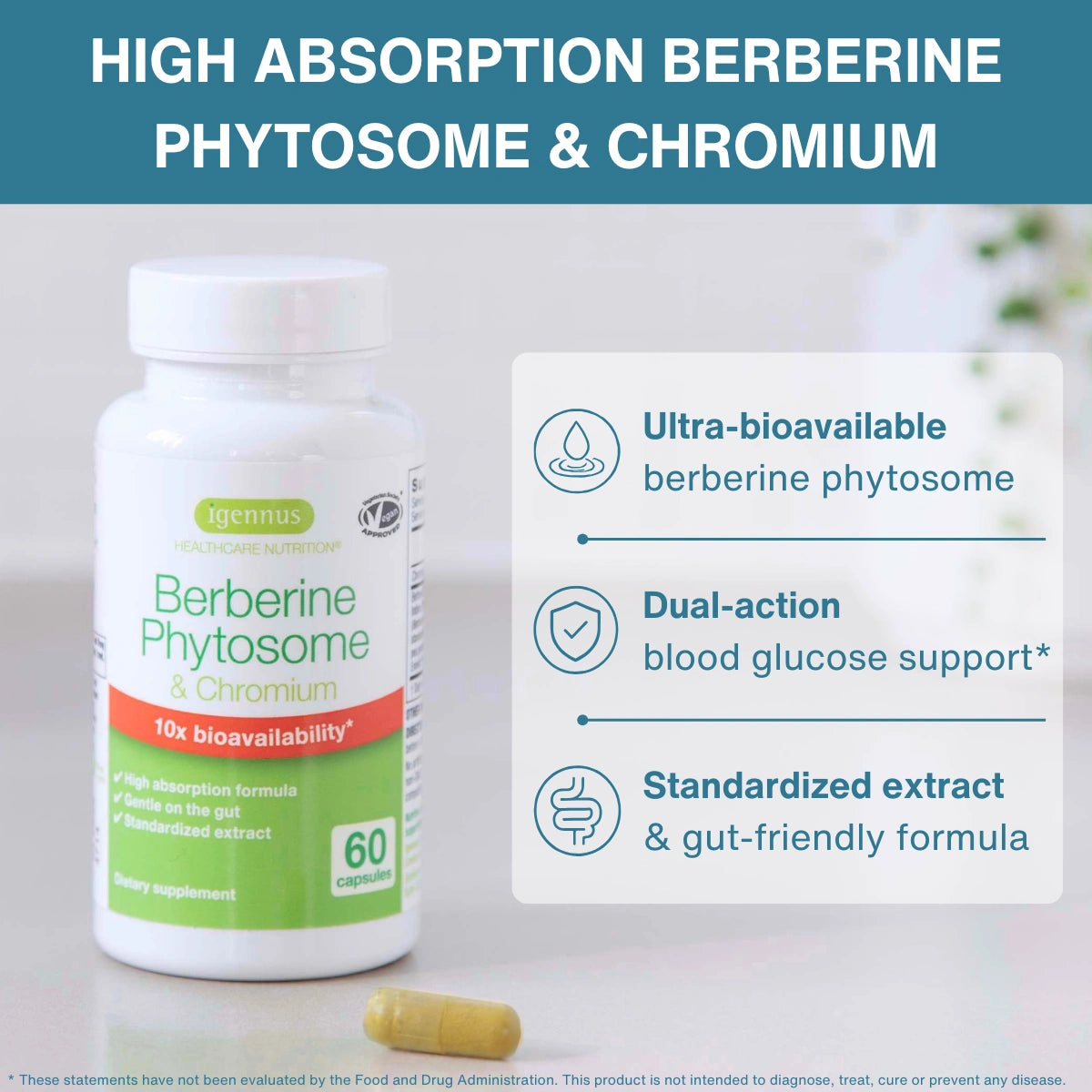 Berberine Phytosome supplement bottle with packaging details on a light background