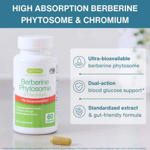 Berberine Phytosome supplement bottle with packaging details on a light background
