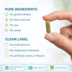 A hand holds a small green capsule pill against a soft white background with text listing pure ingredients and clean label claims, plus certification badges at the bottom.