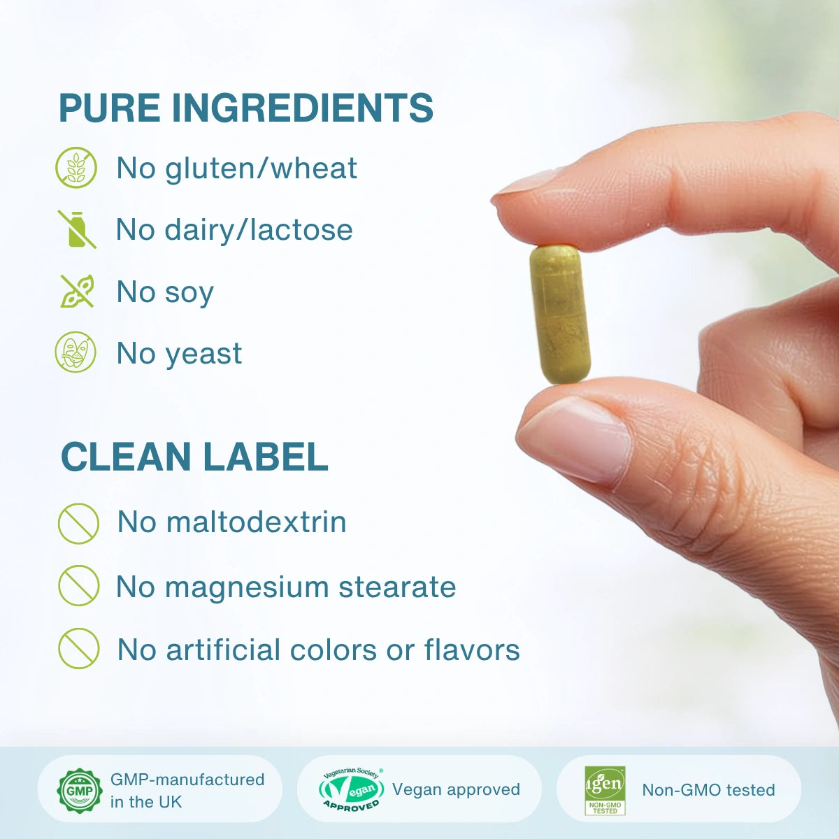 A hand holds a small green capsule pill against a soft white background with text listing pure ingredients and clean label claims, plus certification badges at the bottom.
