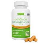 A white bottle of Igennus Longvida Optimized Curcumin 500mg dietary supplement capsules, shown with three orange-brown capsules in front on a white background.
