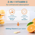 Promotional graphic for a 2-in-1 vitamin C supplement, showing orange slices, a basket of oranges, and two tablets on a light surface. Text explains enhanced absorption with 250mg sodium ascorbate and 250mg ascorbic acid, leading to 500mg vitamin C per tablet.
